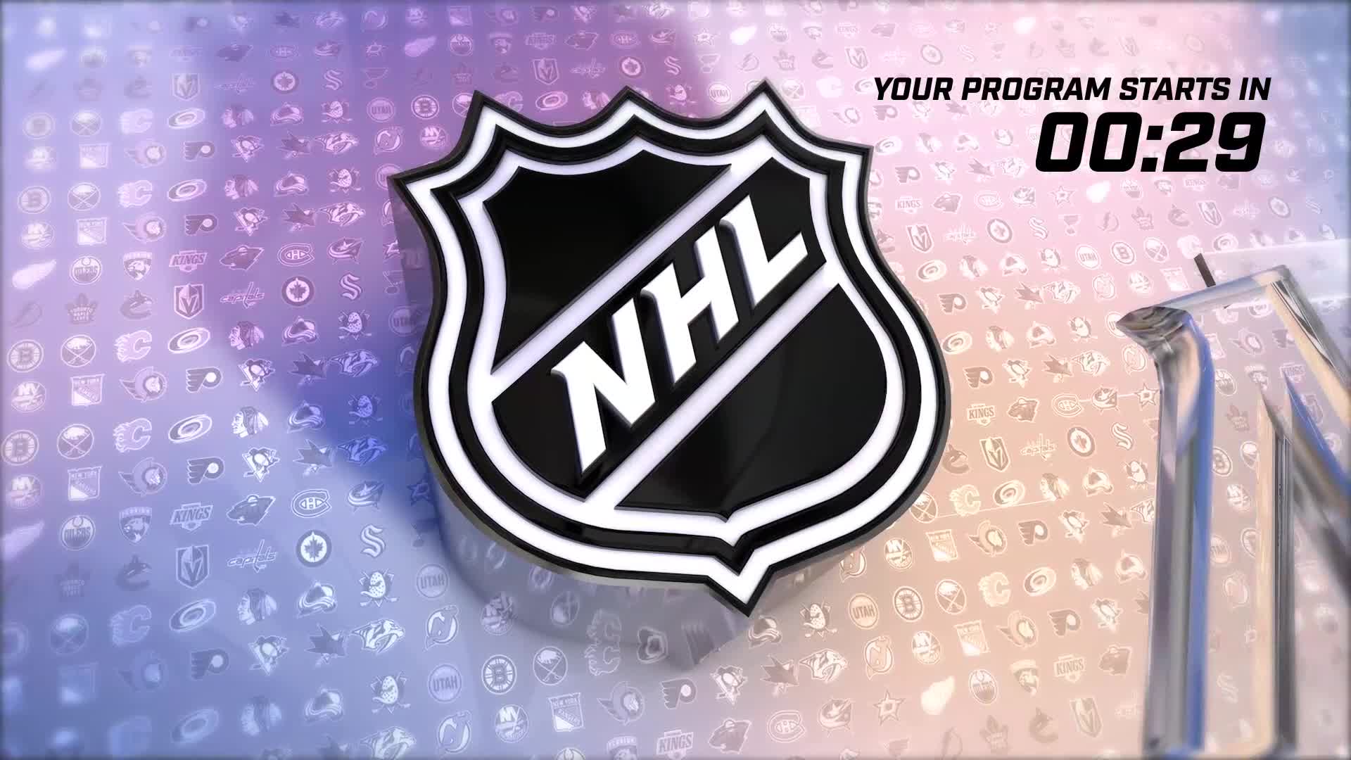 The NHL logo, a shield with the letters "NHL," sits prominently against a background of team emblems. A countdown clock ticks down from 00:29, signaling the start of a program.
