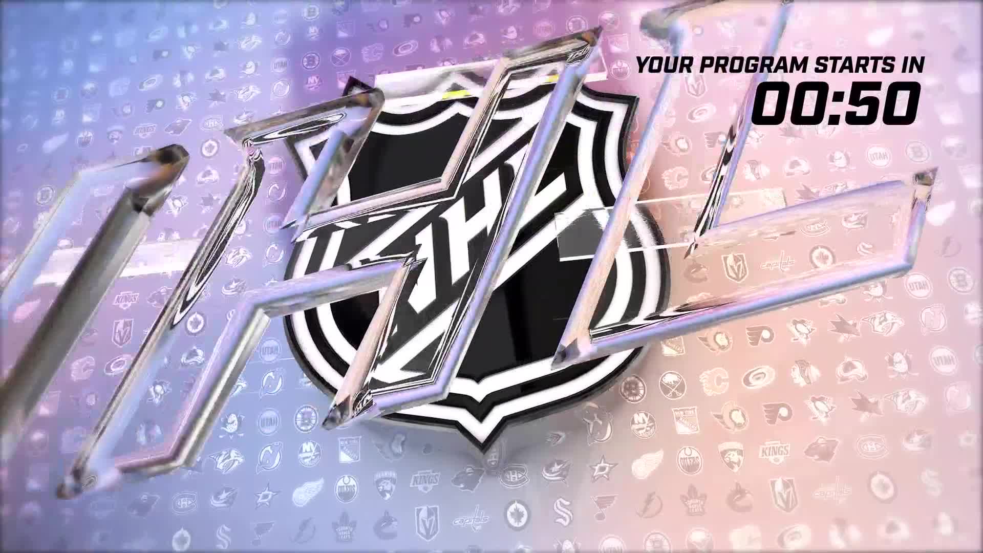 The NHL logo, a shield with the letters "NHL" in a chrome-like finish, floats over a background of team emblems. A timer in the upper right counts down from 50 seconds before the program starts.
