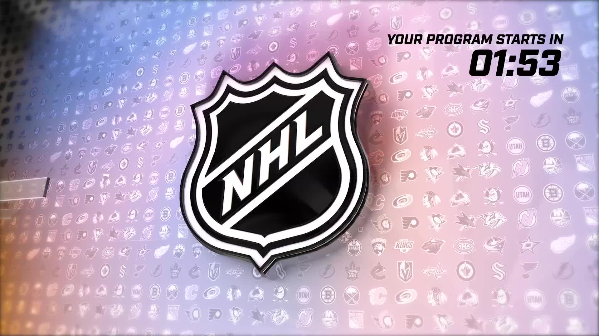 The NHL logo sits prominently, its black and white shield gleaming against a background of team insignias. A countdown clock in the corner ticks down, signaling the start of the program on NHL Network.
