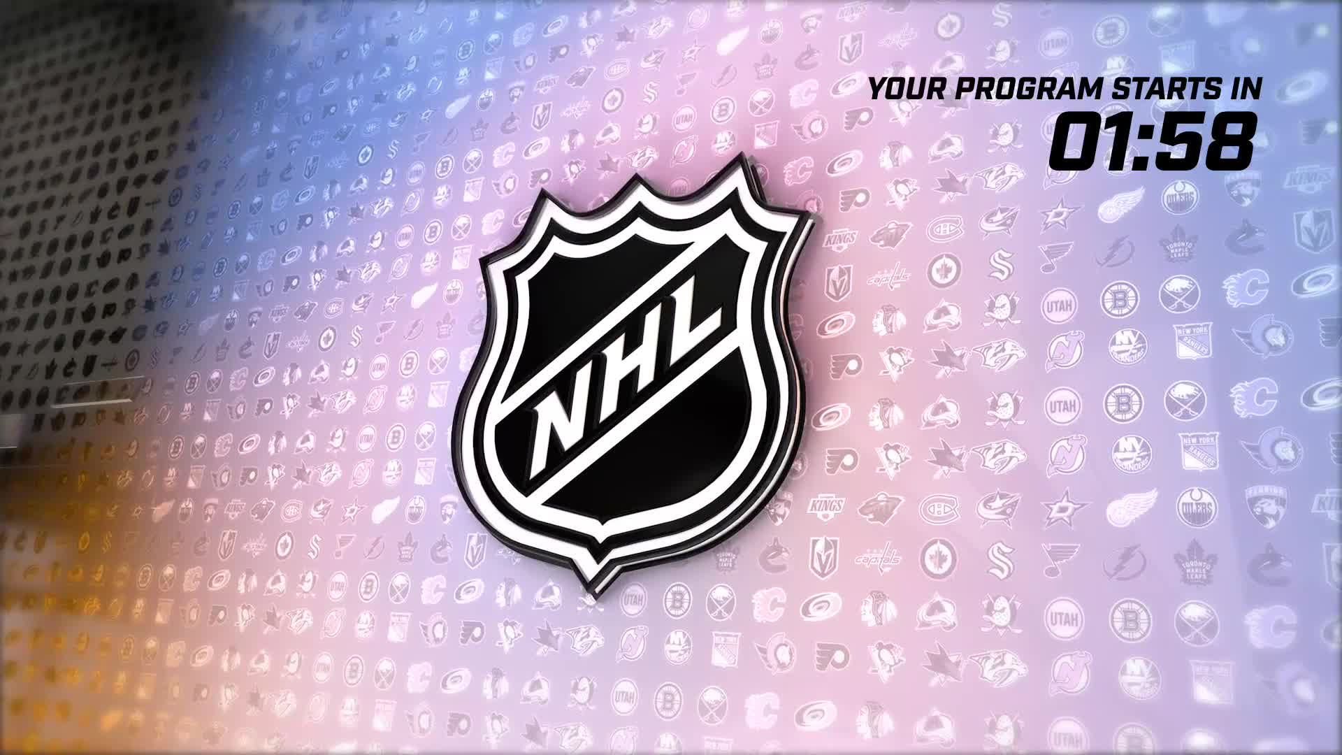 The NHL logo, a black and white shield, is centered against a gradient backdrop. Above it, the timer counts down from 01:58, signaling the start of a program on NHL Network.
