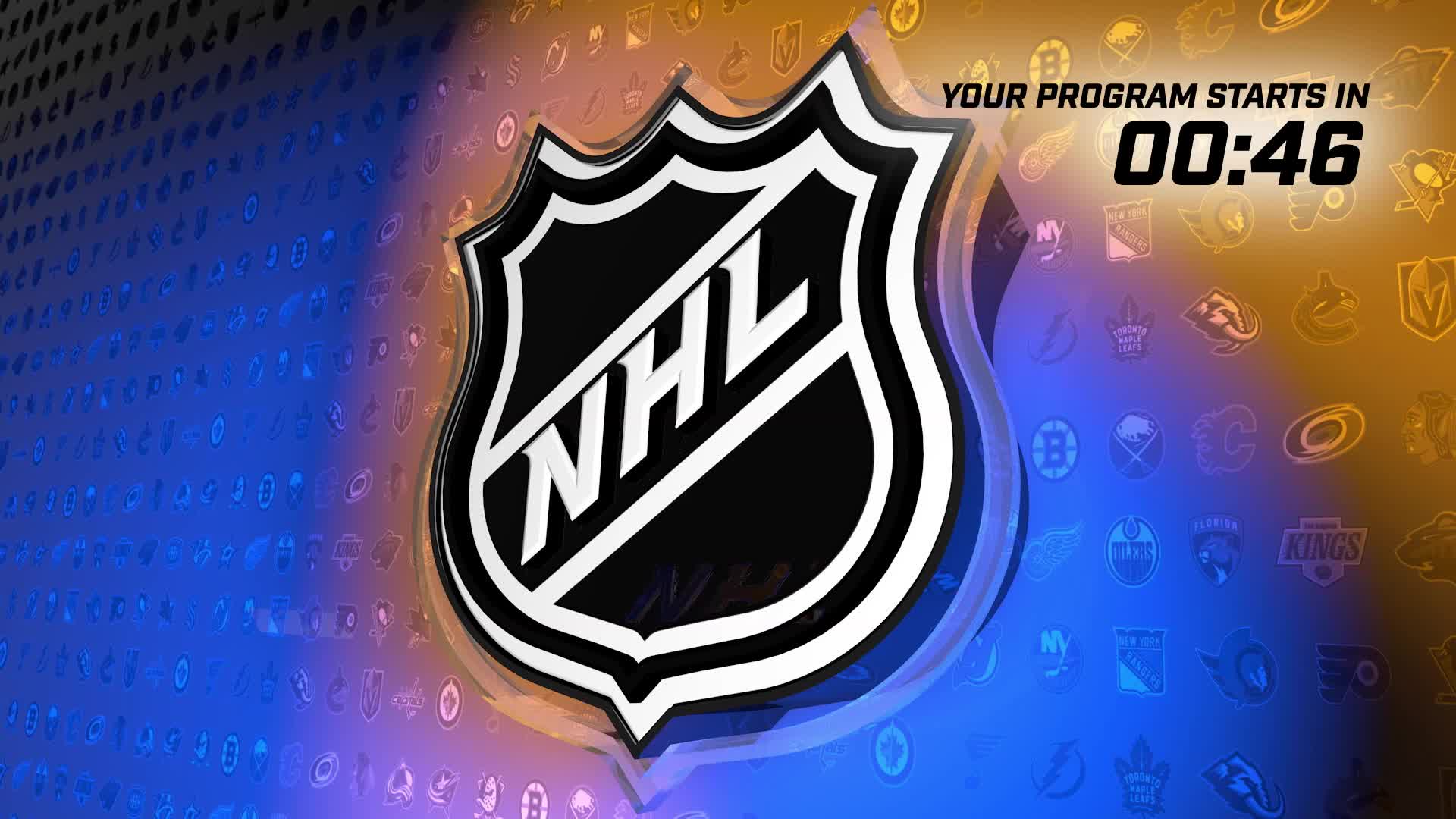 The NHL logo, a black shield with white lettering, dominates the screen. A countdown timer displays "00:46" before the program starts on NHL Network.
