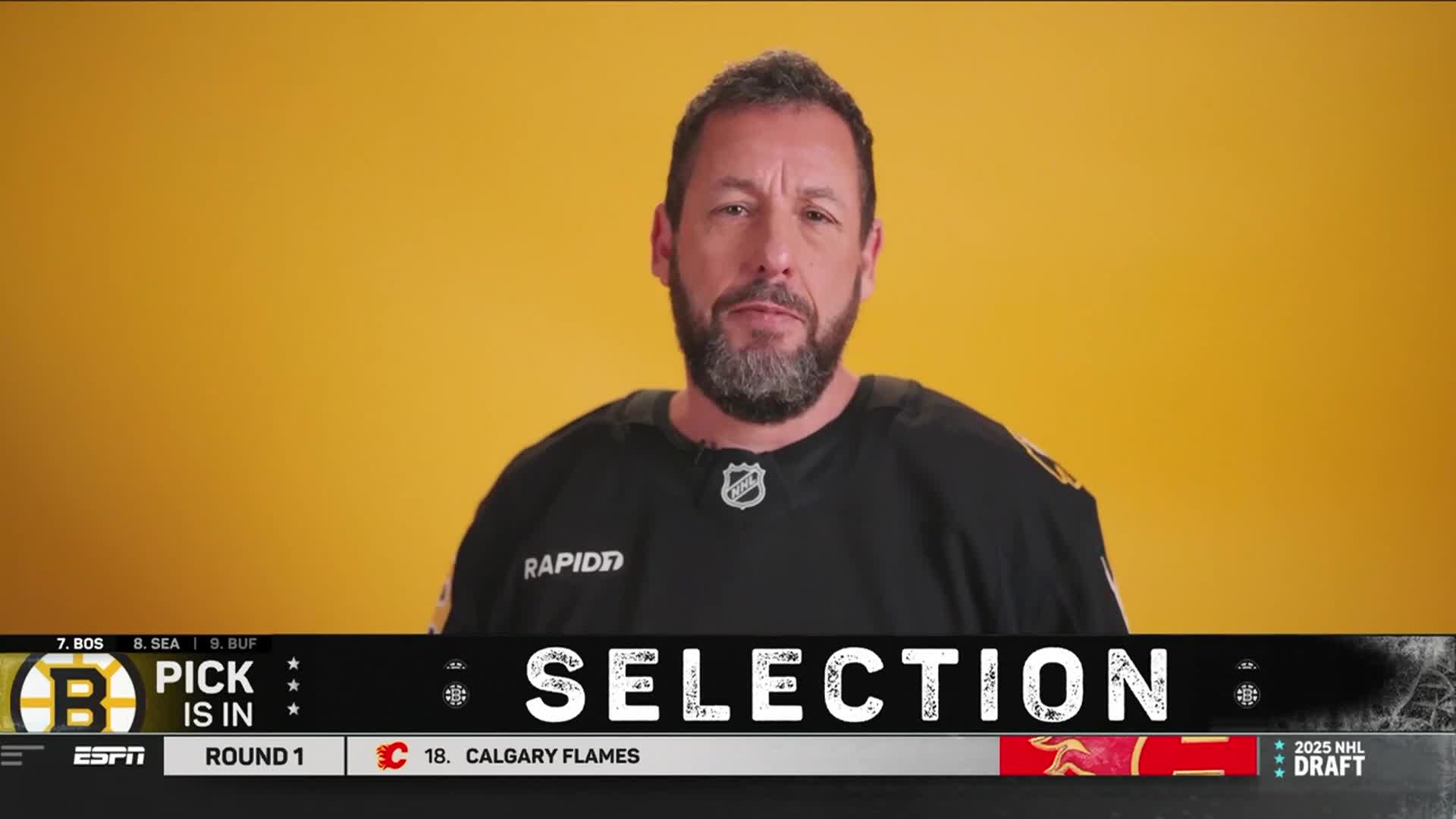 Adam Sandler, wearing a hockey jersey, looks directly at the camera against a yellow backdrop. A graphic at the bottom of the screen reads "Selection" during what appears to be an NHL draft.
