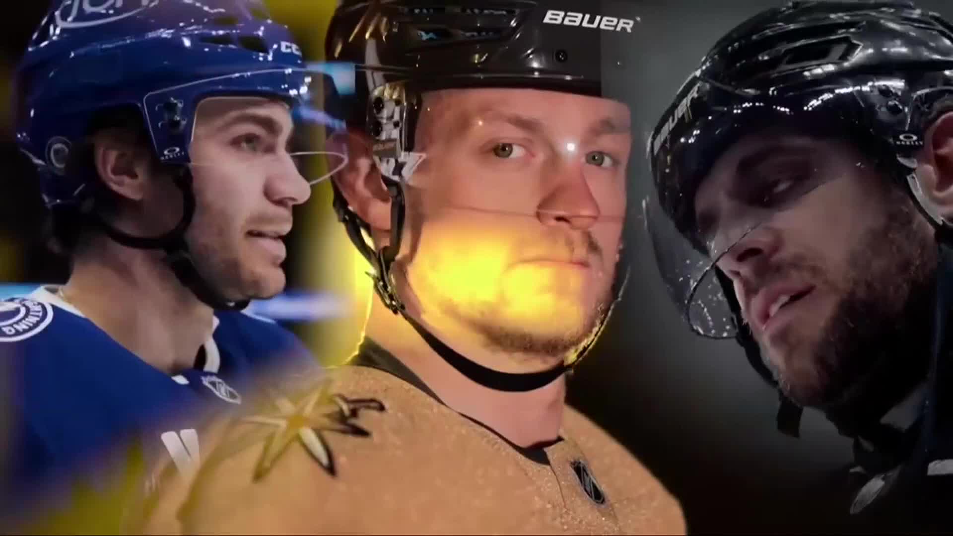 Three hockey players, each wearing a helmet with a visor, are in close-up. The center player, in a gold jersey, stares directly ahead with a serious expression.
