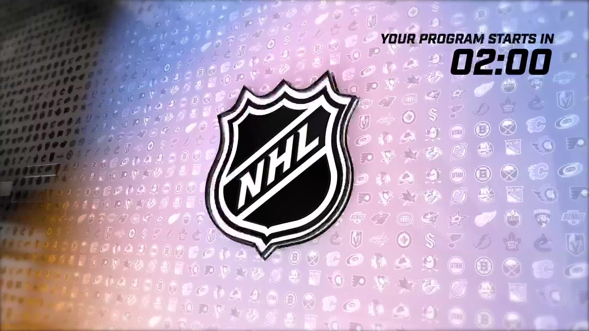 The NHL logo stands out, centered against a backdrop of team emblems. A countdown timer displays "02:00" above, signaling the program is about to begin.
