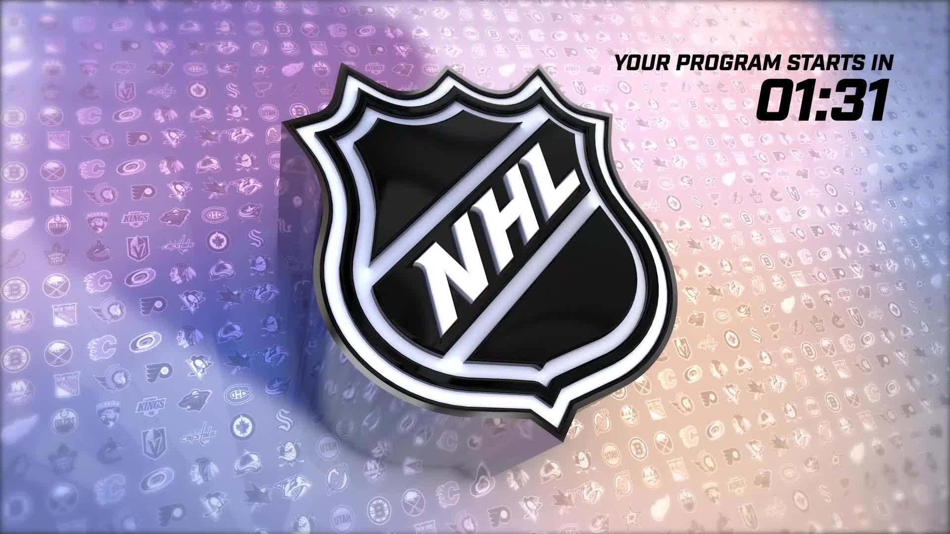 The NHL logo, a black and white shield, is prominently displayed against a background of team emblems. A timer in the top right corner counts down to the next program on NHL Network.

