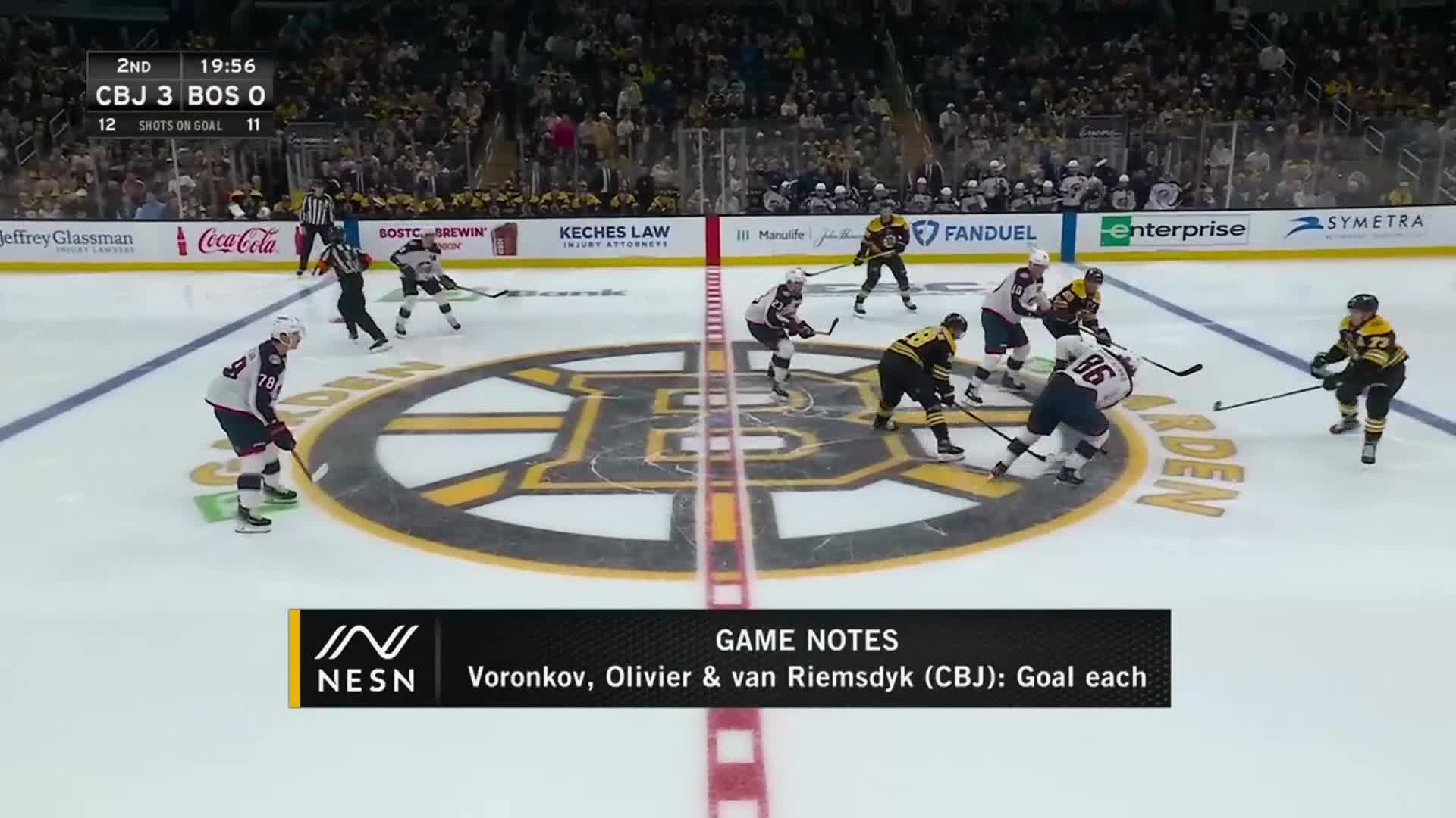 The puck is about to be dropped at center ice, with players from Boston and Columbus facing off. The score is 3-0, and the second period is winding down.
