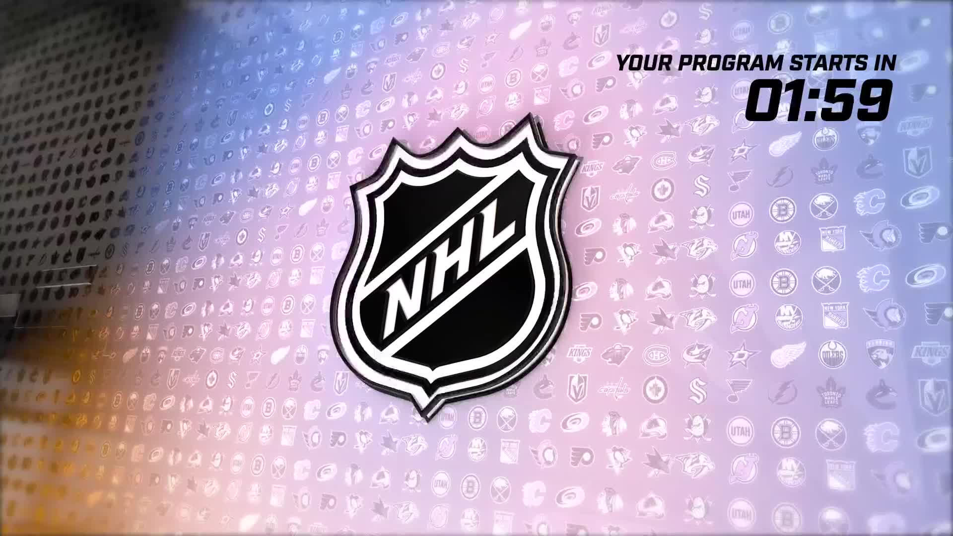 The NHL logo, a black and white shield, floats in the center. A countdown clock ticks down from 01:59, signaling the start of a program on NHL Network.
