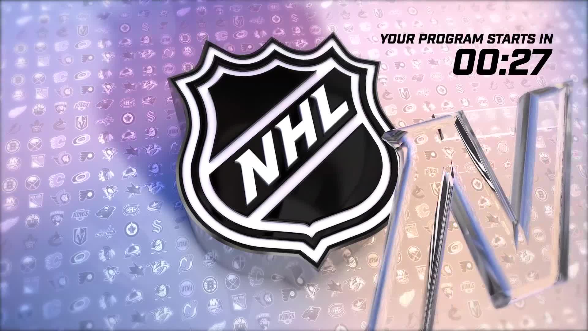 The NHL logo, a black and white shield, is centered against a patterned background. A countdown clock ticks down from 27 seconds, promising the start of a show.
