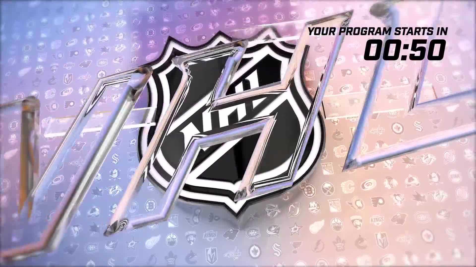The NHL logo, rendered in a shiny, metallic style, takes center stage.  A countdown clock ticks down from 50 seconds, indicating the upcoming start of a program.
