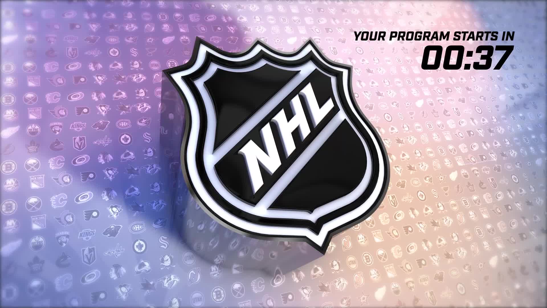 The NHL logo, rendered in glossy black and white, sits prominently against a background of team emblems. A countdown timer indicates the program starts in 37 seconds.
