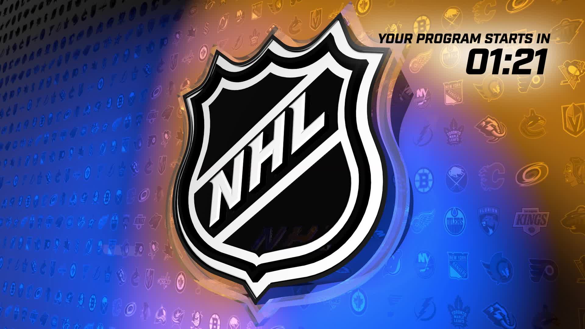 The NHL logo dominates the center, its black and white shield outlined in silver. Behind it, a digital clock counts down from 01:21, with faint NHL team logos scattered across a blue and orange gradient.