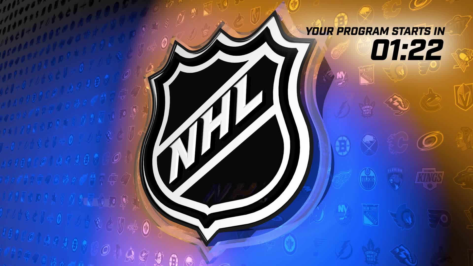 The NHL Network countdown clock shows 01:22 until the program begins. The iconic NHL shield logo stands prominently, flanked by a backdrop of team logos.