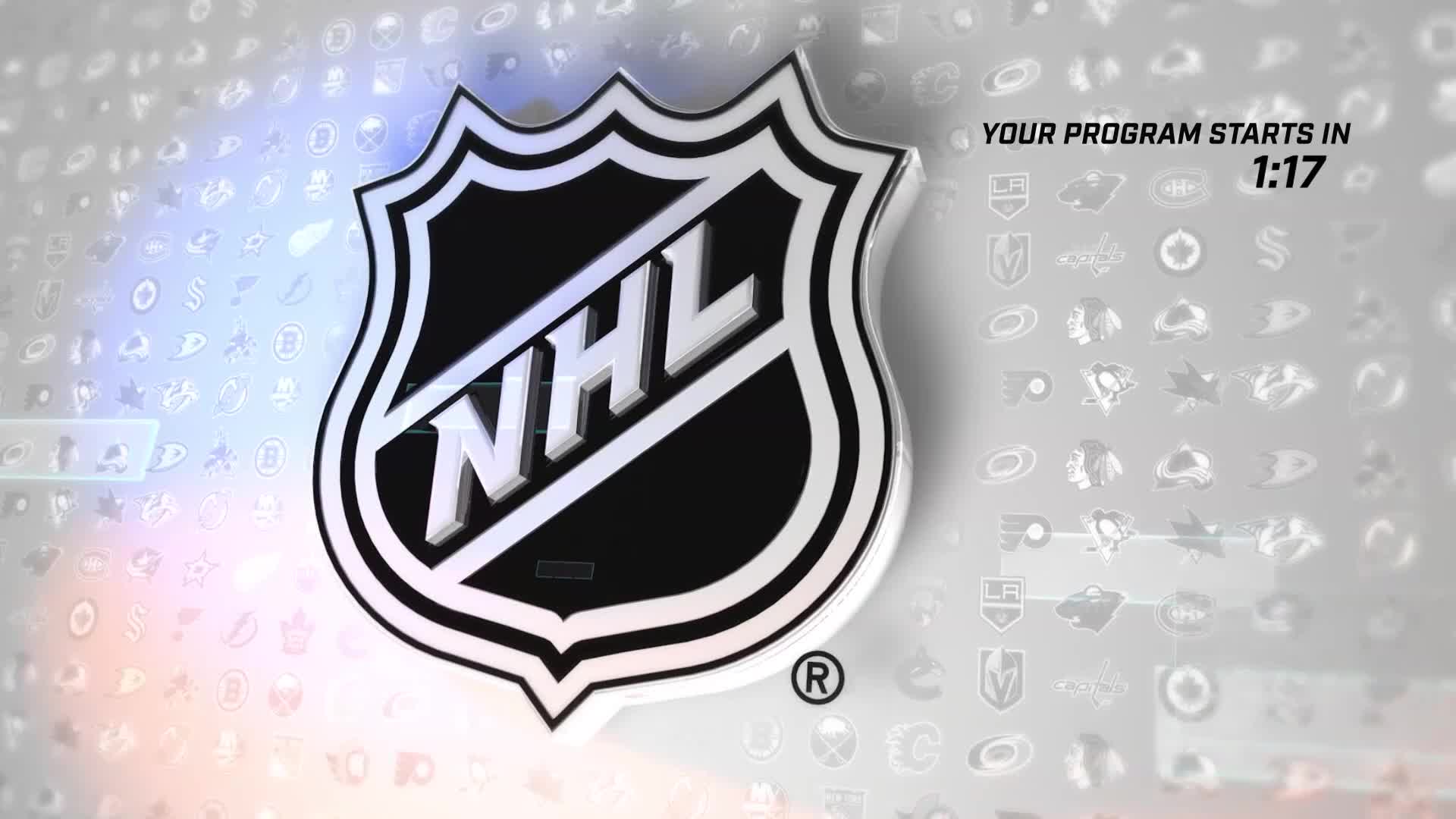 The NHL logo stands prominently, its metallic sheen catching the light. A countdown timer indicates the program starts in 1:17.