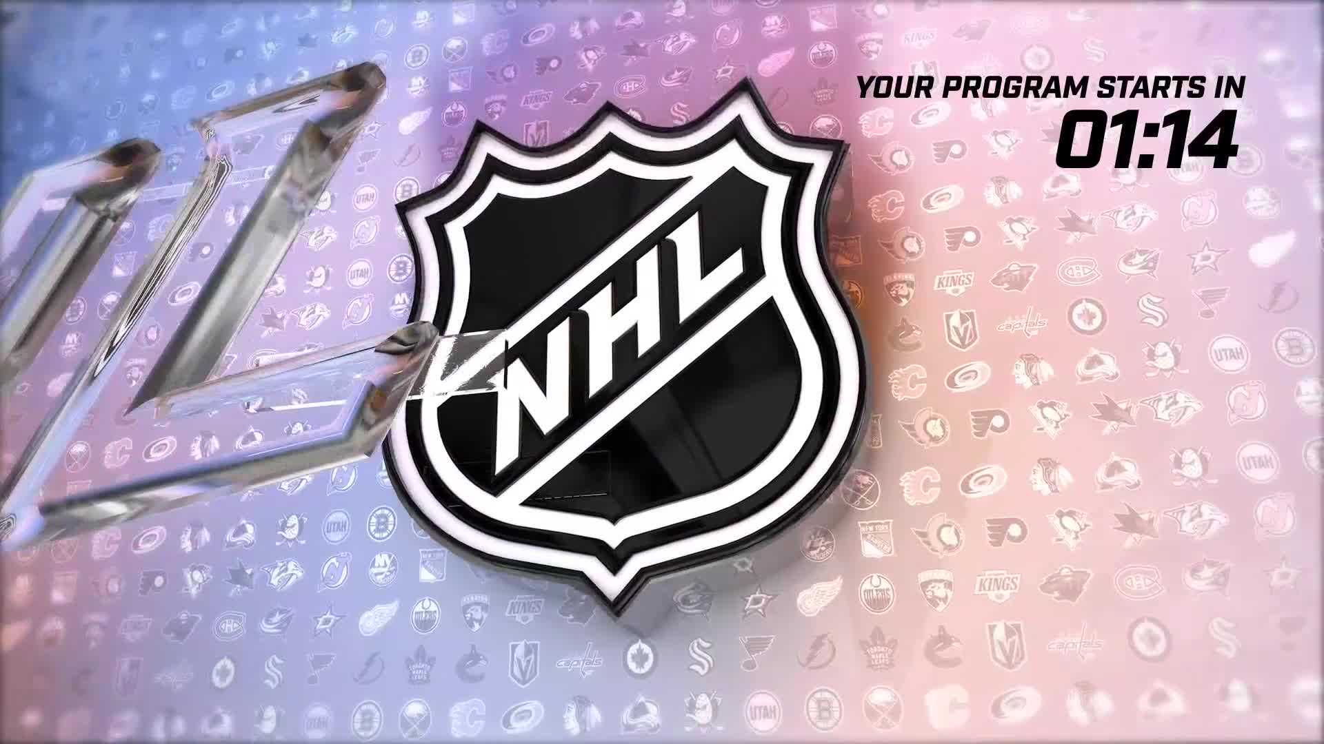 The NHL Network logo stands prominently, a countdown clock ticking down from 01:14. A large, metallic "NHL" gleams to the left, its facets catching the light.