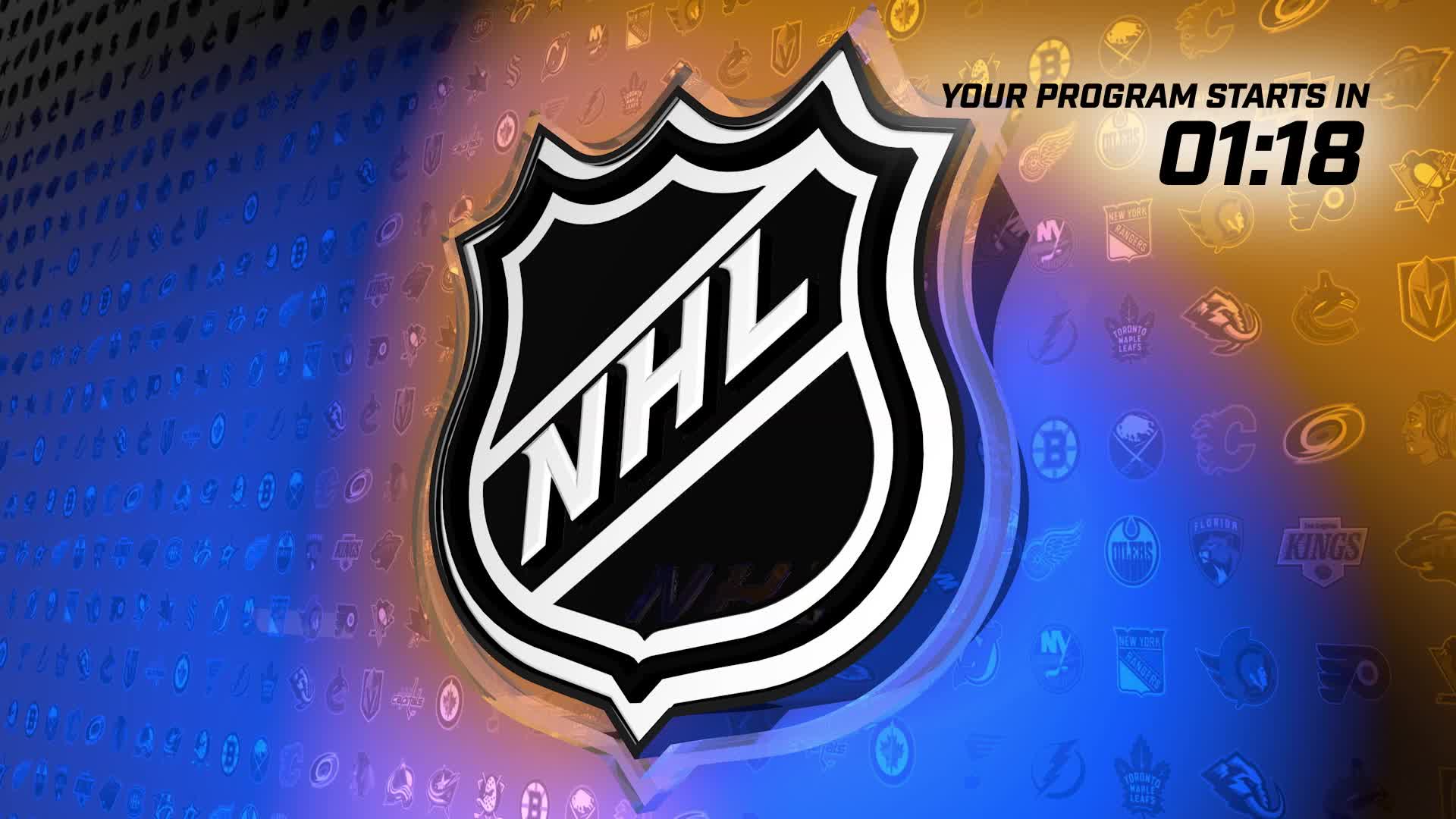 The NHL Network countdown clock shows 01:18 until the program begins.  A large, black and white NHL logo dominates the center of the screen, set against a background of faint team logos.