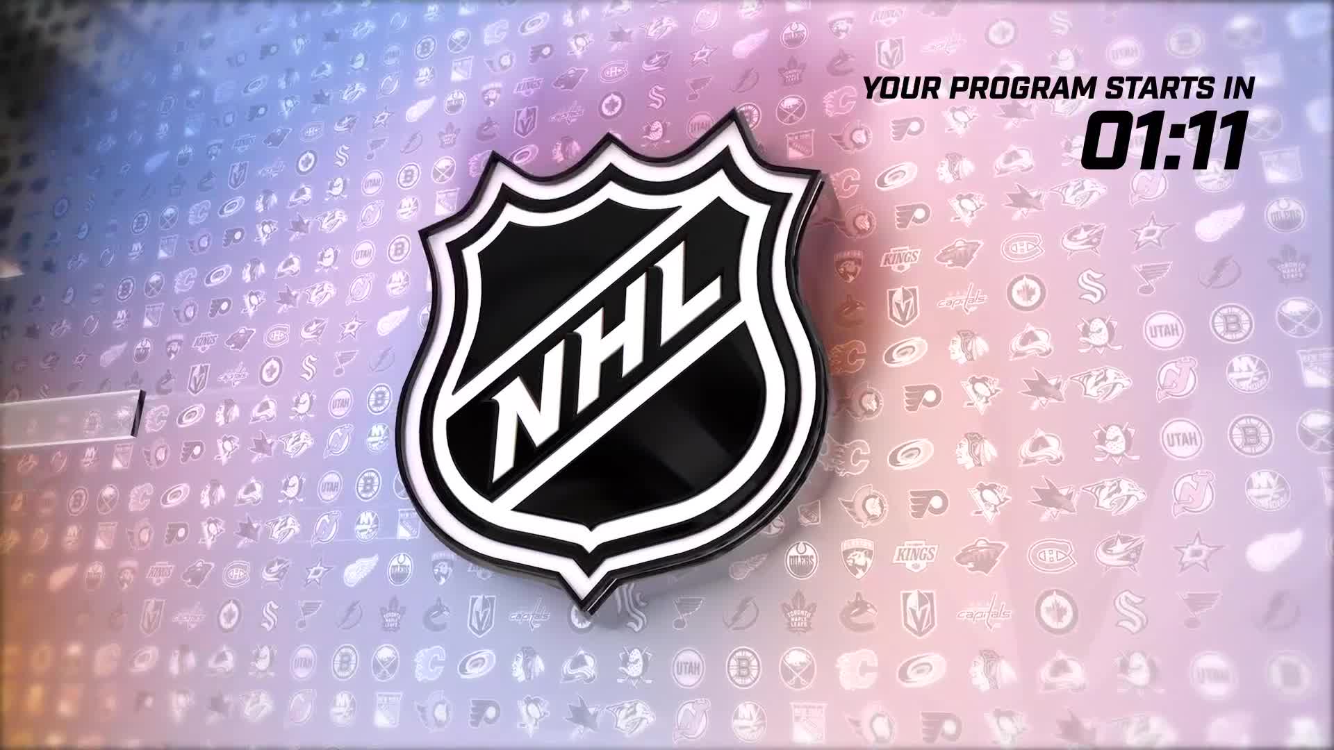 The NHL logo is centered, with a countdown timer showing 01:11. A subtle, repeating pattern of NHL team logos fills the background.