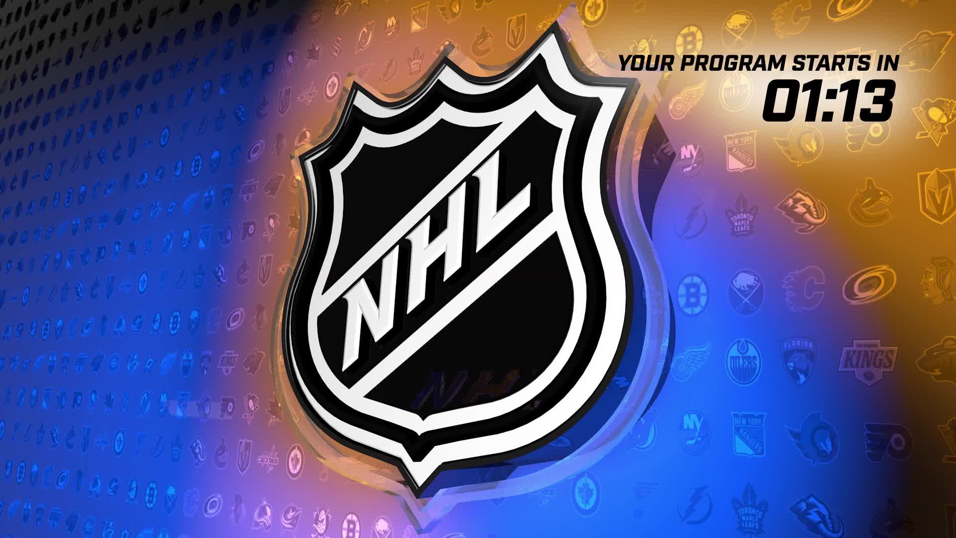 The NHL Network logo dominates the screen, a stark black and white shield against a backdrop of fading team logos. A countdown timer in the upper right corner shows "01:13," indicating the program is about to begin.