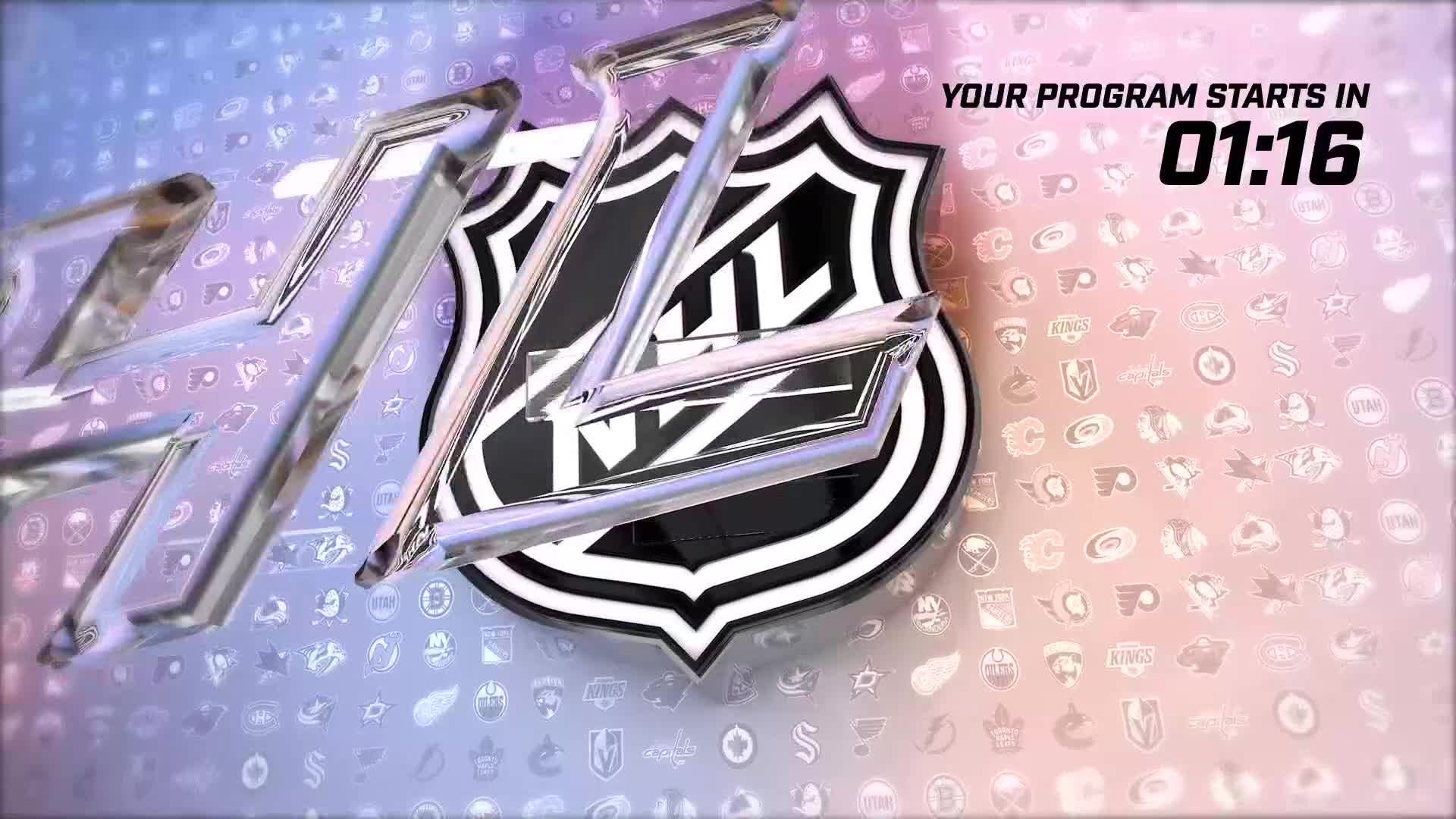 The NHL Network logo gleams with a chrome finish, angled and prominent. A digital clock counts down the final 1:16 before the program begins.