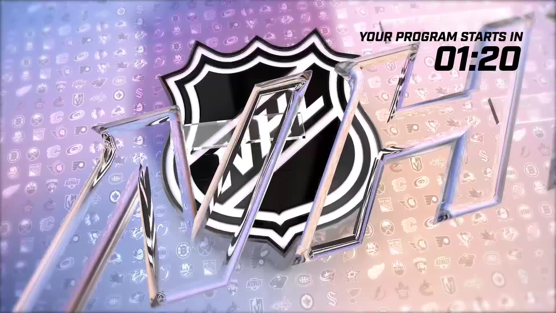 The NHL Network logo gleams with a countdown clock ticking down to 01:20. A mosaic of team logos fills the background, hinting at an upcoming broadcast in the United States.