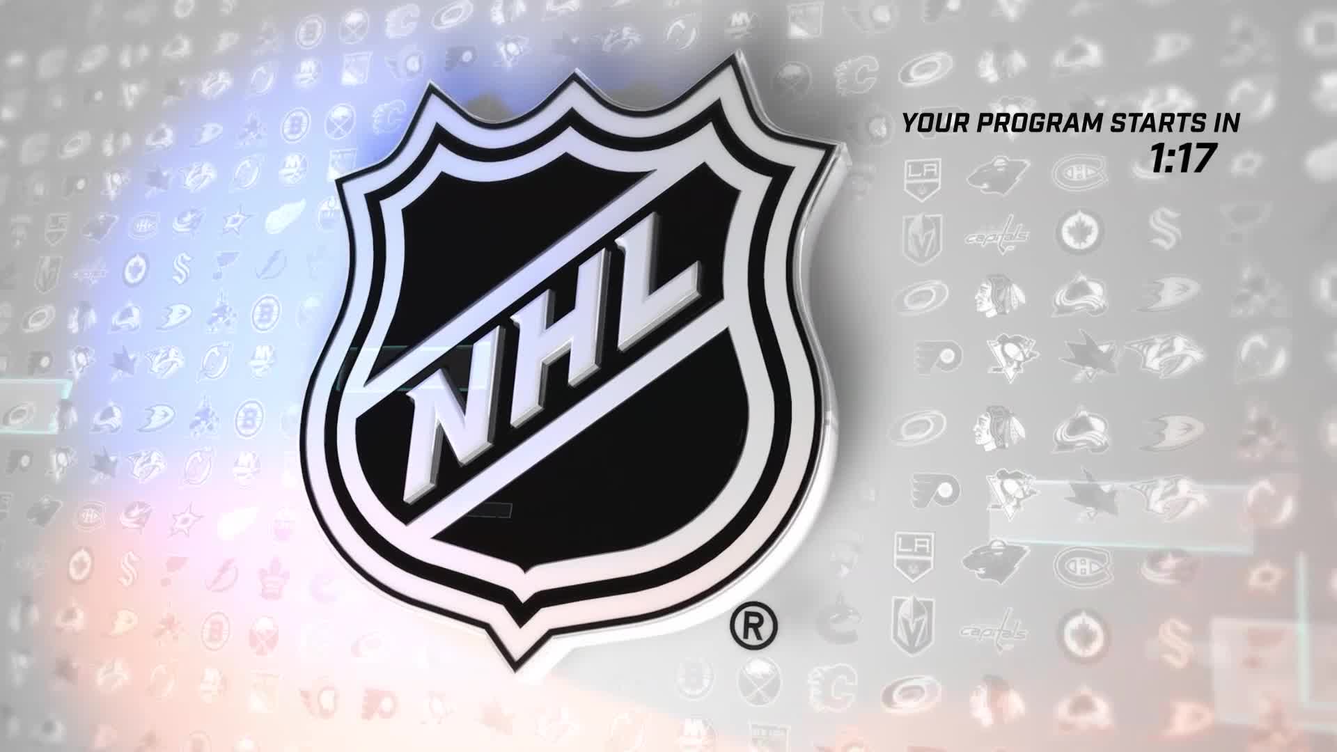The NHL logo stands prominently, its silver outline catching the light. A countdown timer on the NHL Network reads "1:17" as a grid of team logos fills the background.