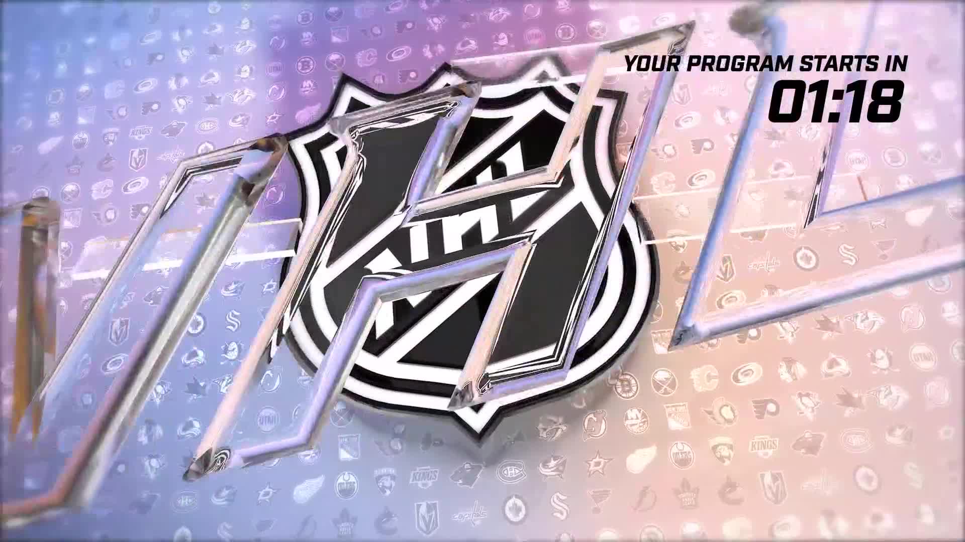 The NHL logo, rendered in chrome and glass, floats above a background of tiny team logos. A countdown timer displays "01:18" in bold black numerals.