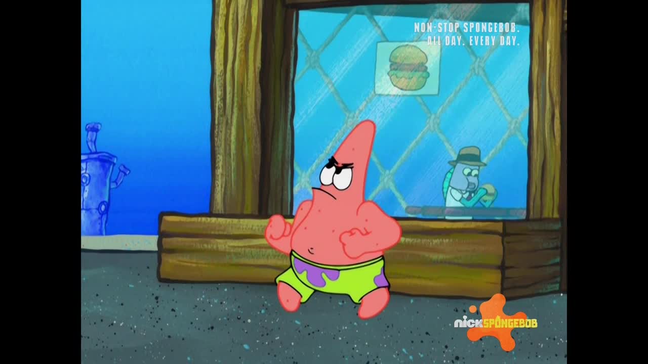 Patrick Star, in his green and purple swim trunks, stands with a scowl, fists clenched. Behind him, a Krabby Patty ad hangs in the window of the Krusty Krab, with a customer enjoying a burger.
