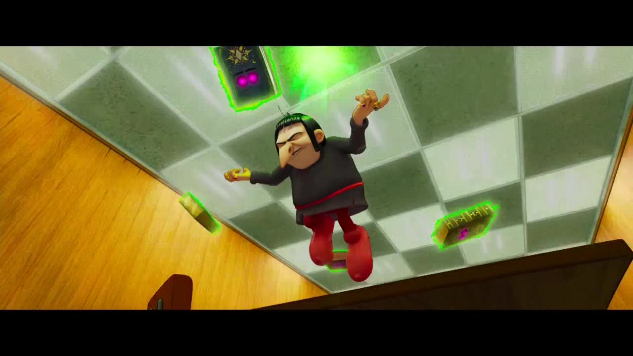 The cartoon villain floats upward, arms outstretched, as glowing green objects drift around him. He's in a room with a checkered ceiling and a wooden wall.
