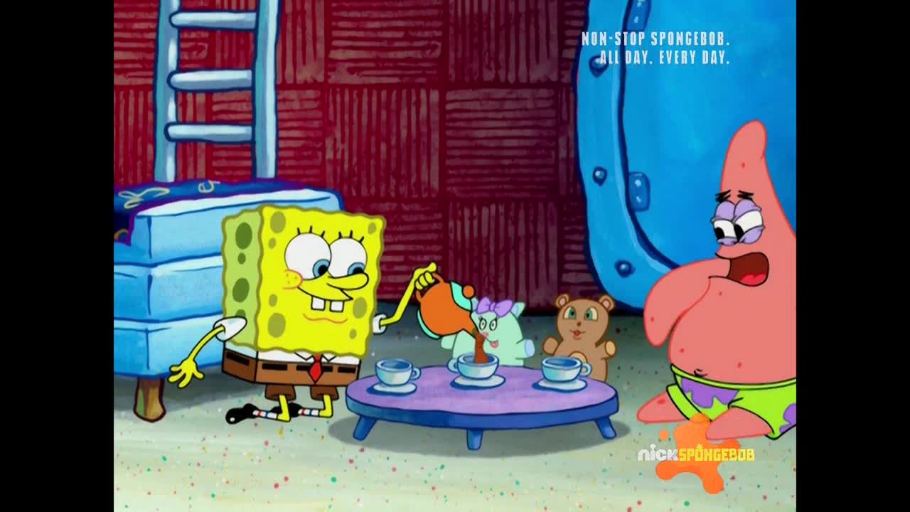 SpongeBob, in his usual attire, pours from a brown teapot into tiny teacups on a purple table. Patrick, in his green swim trunks, looks on with a worried expression.
