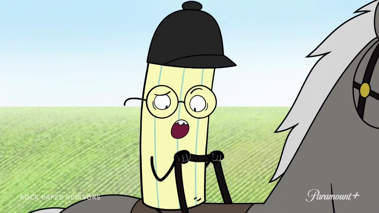 A yellow, lined paper character with glasses and a riding helmet is gripping the reins of a gray horse. His mouth is open in what looks like surprise as they ride across a green field.
