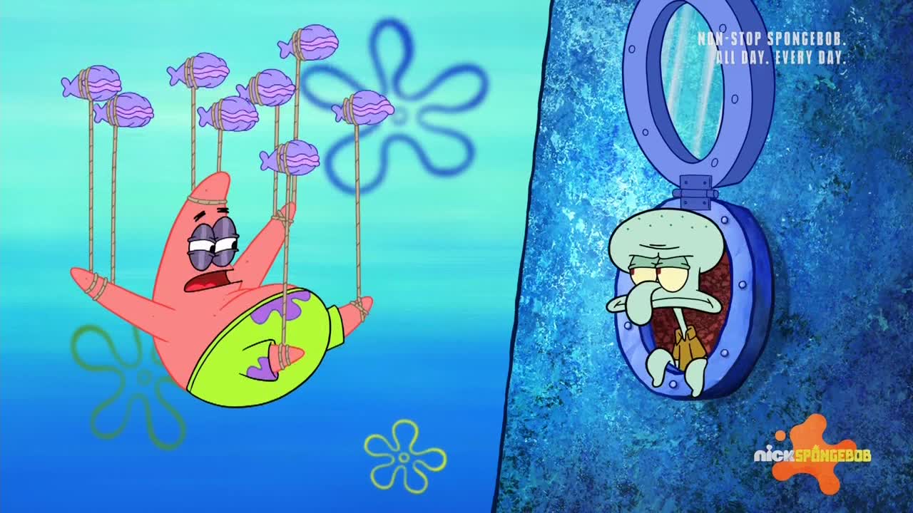Patrick Star is suspended, tied to fishing lines that are attached to floating, purple fish. Squidward sits inside a porthole, looking bored.
