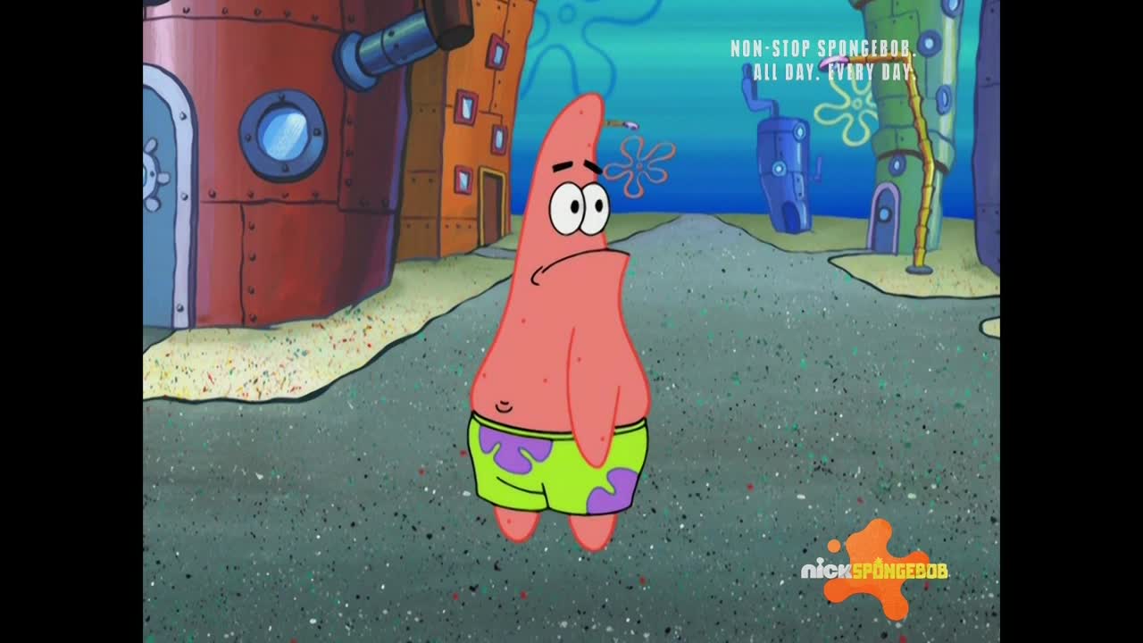 Patrick Star, wearing his green and purple swim trunks, stands on a sandy street looking dejected. A Nicktoons logo is visible in the lower right corner, and a "Non-Stop Spongebob" graphic is displayed in the top right.
