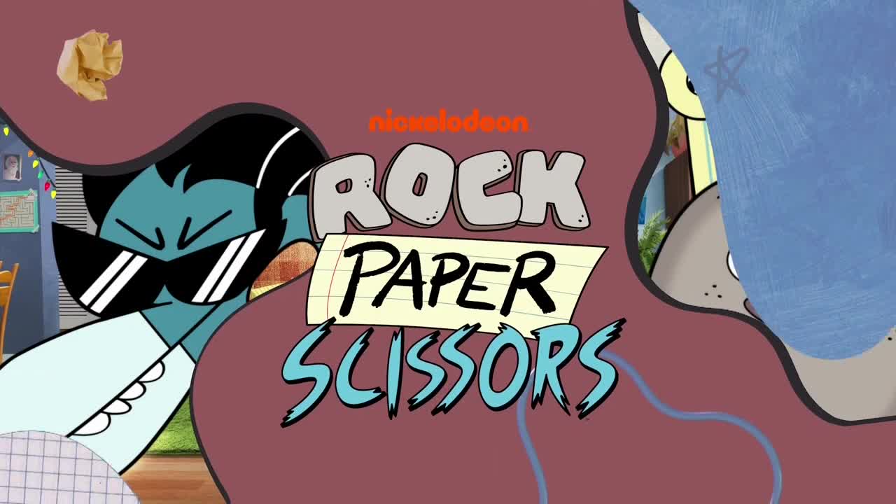 The Nicktoons logo for "Rock Paper Scissors" is front and center, with a cool-looking character wearing sunglasses peeking out from the side. A crumpled paper ball floats in the air, adding to the animated chaos.
