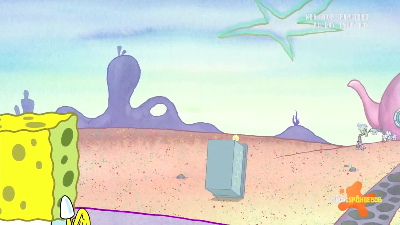 A yellow, porous shape stands on the left, next to a small, white shovel. Further back, a light blue, rectangular structure sits on a sandy plain, with a giant purple blob in the background.
