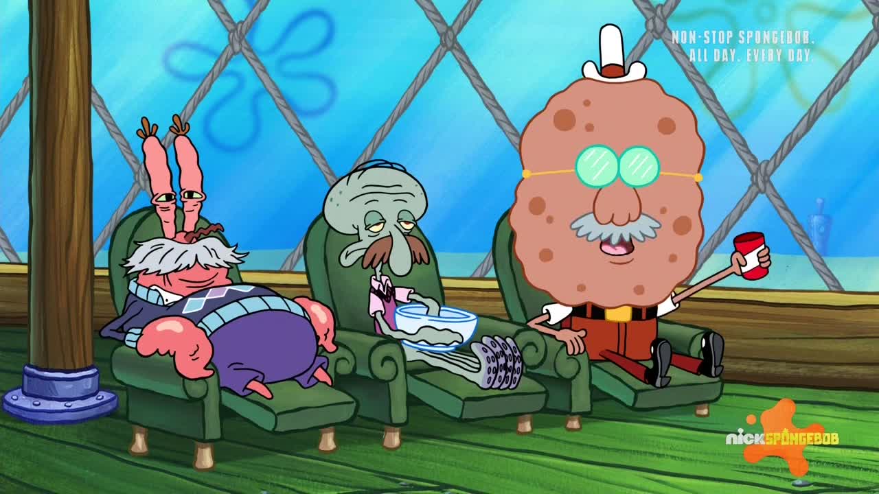 Three elderly cartoon characters lounge in armchairs, each with a distinct expression. One crab-like figure is slouched, another holds a bowl, and a third, sponge-like character raises a red can.
