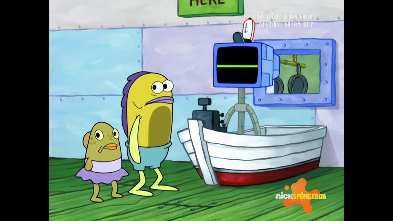 Two fish-like characters stand near a small boat, looking at a screen with a green line. A blue, boxy device sits atop the boat, and the scene has a familiar, cartoonish style.
