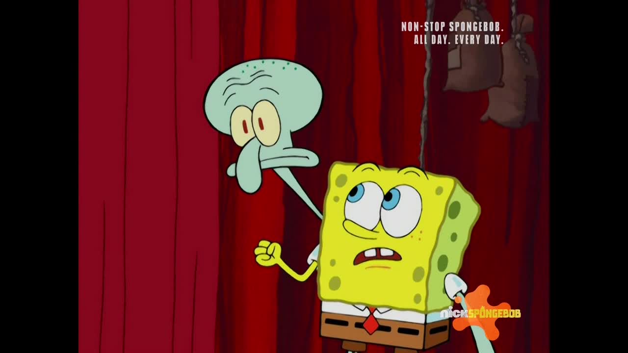 SpongeBob looks up with wide eyes as Squidward hovers above him. The Nicktoons logo is visible on the bottom right, and the words "NON-STOP SPONGEBOB. ALL DAY. EVERY DAY." are in the top right.
