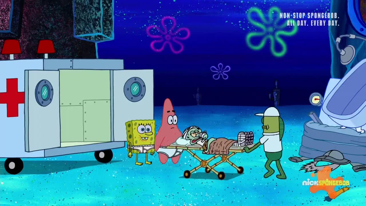 Squidward, wrapped in bandages, is being wheeled on a stretcher towards an ambulance. Spongebob and Patrick follow close behind, looking concerned.
