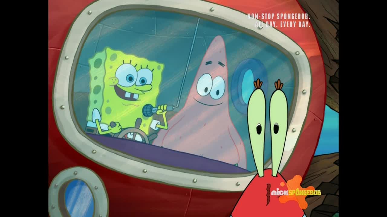 SpongeBob, holding a microphone, steers a vehicle with Patrick Star beside him. Mr. Krabs stares from outside the window, his wide eyes fixed on the pair.
