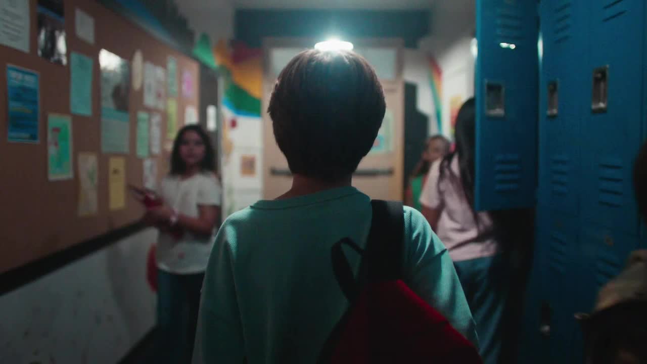 A kid with a red backpack walks down a school hallway, passing open blue lockers and a corkboard covered in posters. Other students mill about, some glancing at the bulletin board.
