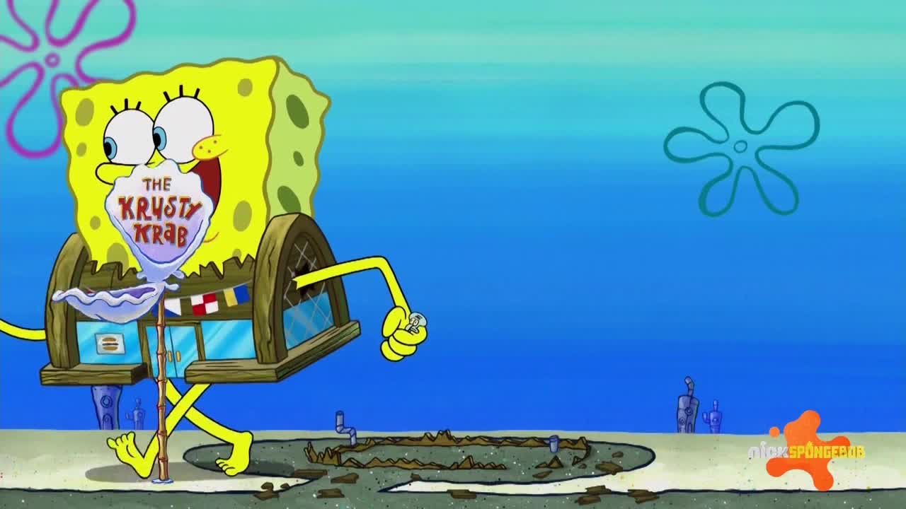 SpongeBob, with the Krusty Krab attached to him, strides across the sandy seabed. He's holding a net and looks excited, like he's on a mission.
