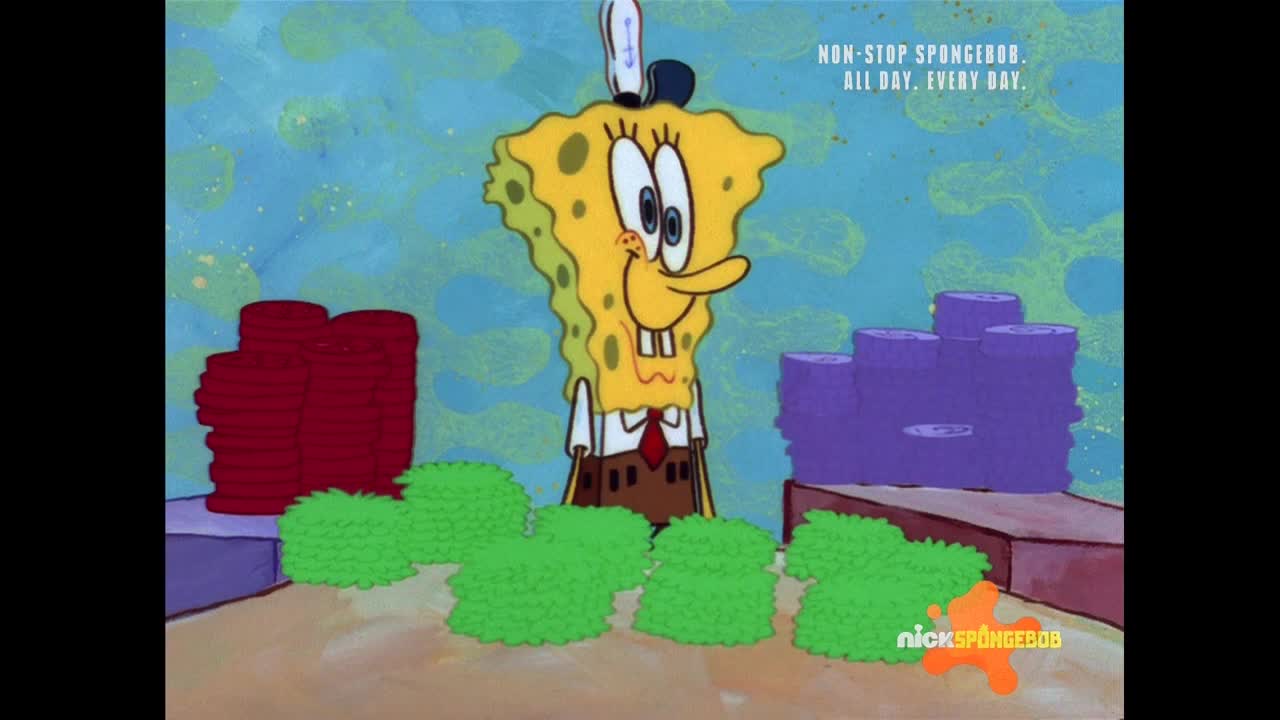 SpongeBob SquarePants stands in front of a backdrop of red and purple stacks, with green bushes in the foreground. The Nicktoons logo is in the bottom right corner.
