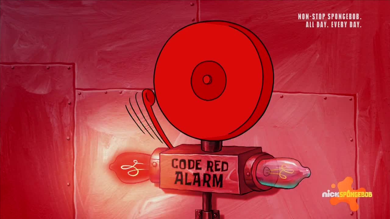 A large red alarm bell is ringing, its clapper swinging back and forth. The words "CODE RED ALARM" are lit up, and the whole scene is bathed in a crimson glow.
