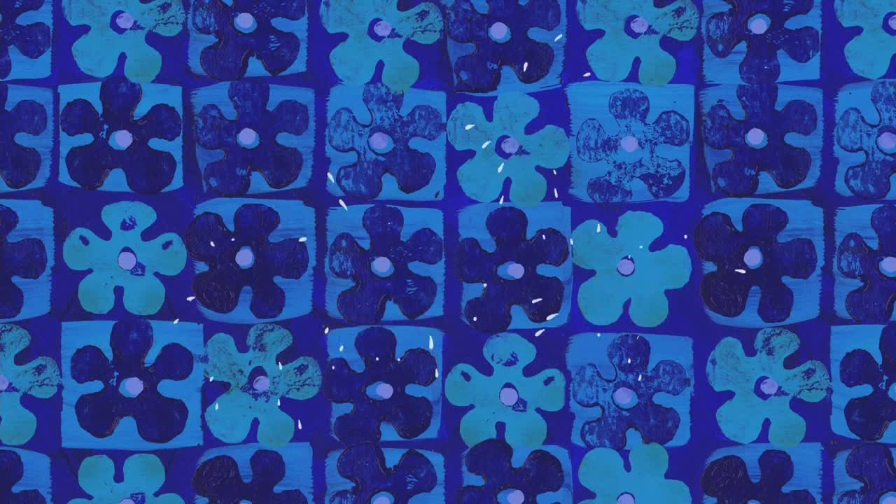 The background pattern from a Nicktoons show features repeating, stylized flowers in shades of blue and teal. Each flower sits within a square, creating a grid across the screen.
