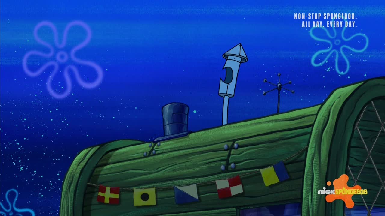 The roof of a pineapple house is visible, decorated with nautical flags. Above, two glowing, floral-shaped designs float in the dark blue sky, typical of the Nicktoons show.

