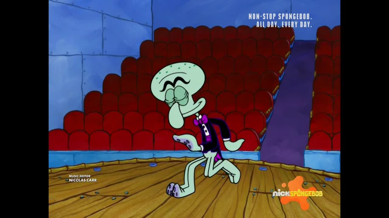 Squidward, in a tuxedo, is taking a step forward with his eyes closed on a wooden stage. Behind him, rows of red seats fill a theater, with a NickSpongeBob logo in the corner.

