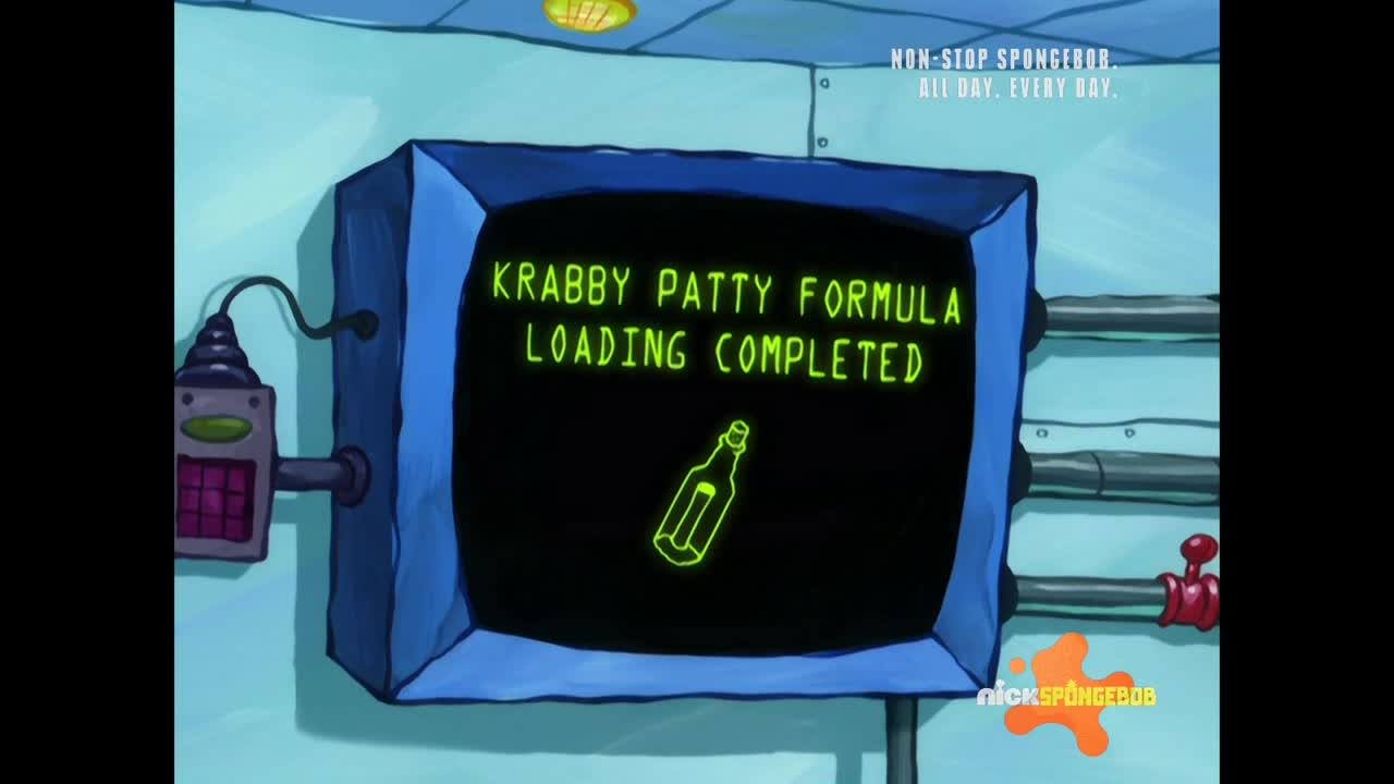 A screen displays "Krabby Patty Formula Loading Completed" in bright green lettering. Below the text is a neon-green bottle with a scroll inside, and the NickSpongeBob logo is in the corner.
