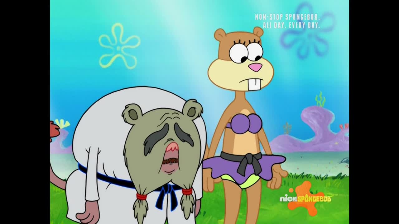 Sandy Cheeks stands next to a character in a white karate gi, who looks distressed. A NickSpongeBob logo is visible in the corner.
