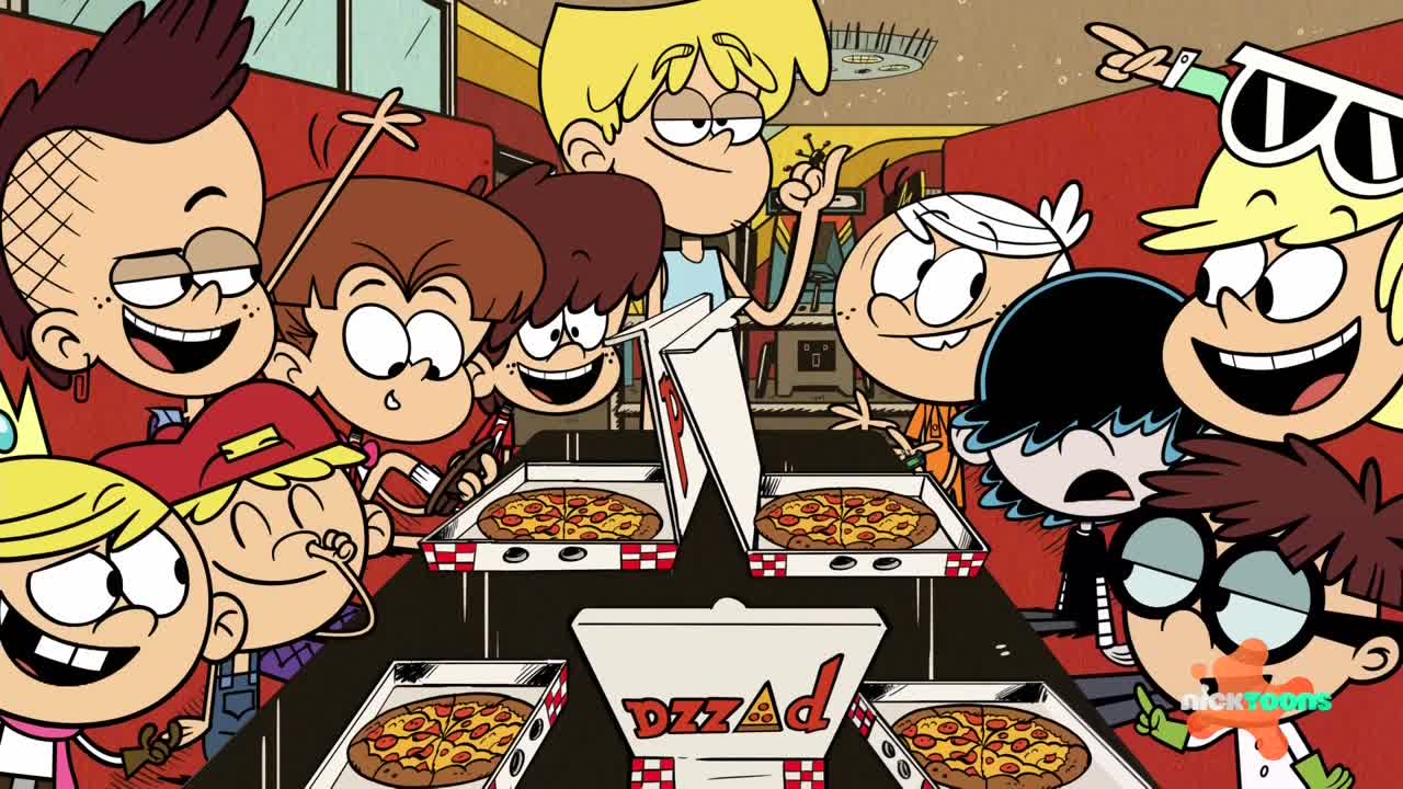 A group of kids, all with different hair colors and styles, are gathered around several open pizza boxes. Some are pointing, while others are just smiling, ready to dig in.
