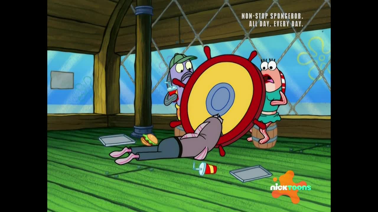 A fish-shaped character lies on the floor, with his head pressed against a ship's wheel. Two other fish look on, one holding a drink and the other with a shocked expression. 
