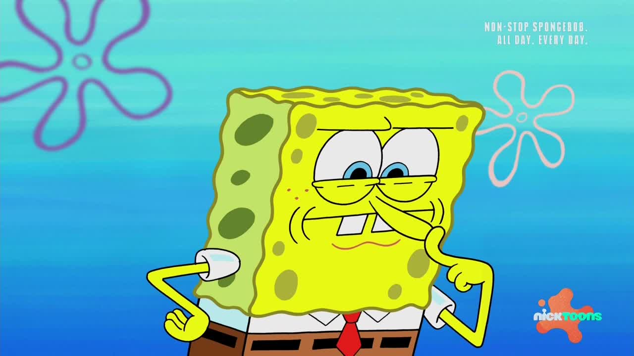 SpongeBob SquarePants, a bright yellow sponge, has a finger pressed against his nose. He's squinting, and his other hand is on his hip, as if he's pondering something.
